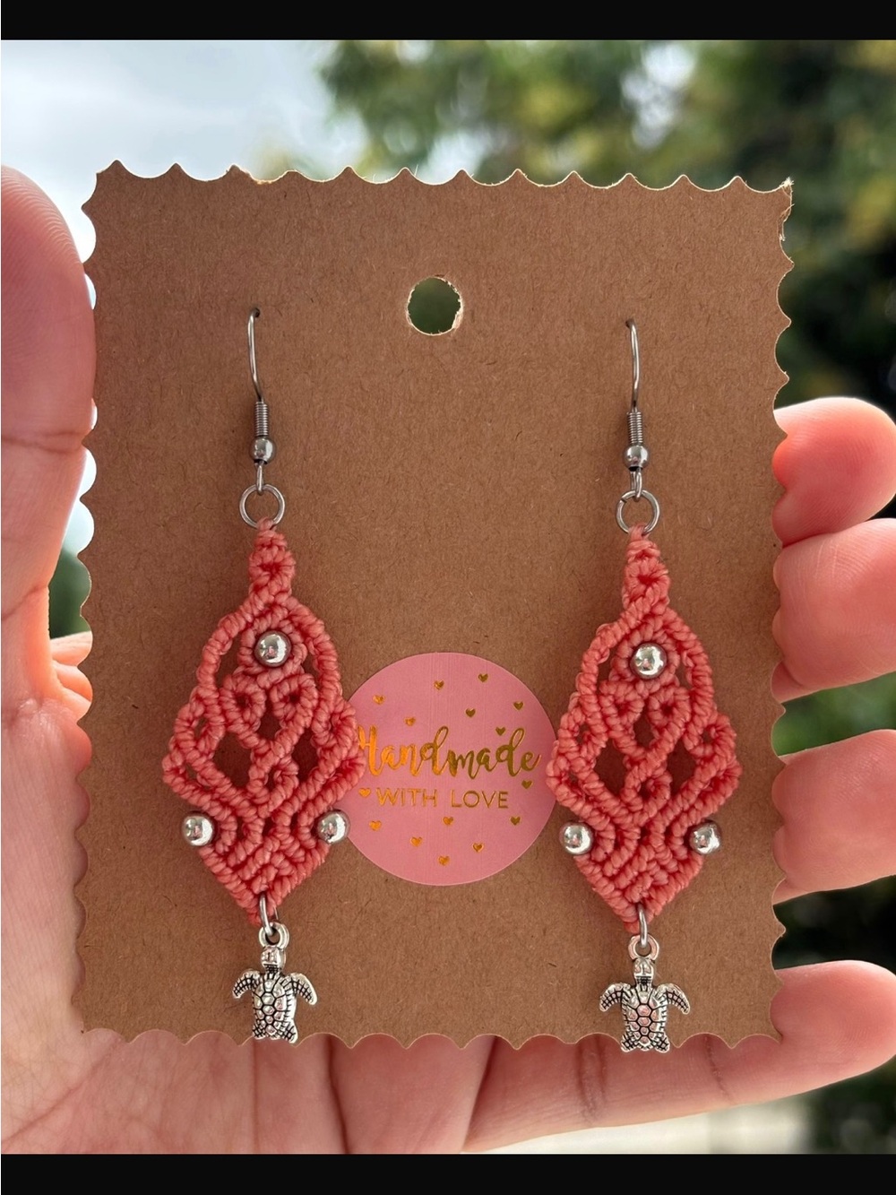 Handmade Coral Macrame Earrings with Silver Turtle Charms